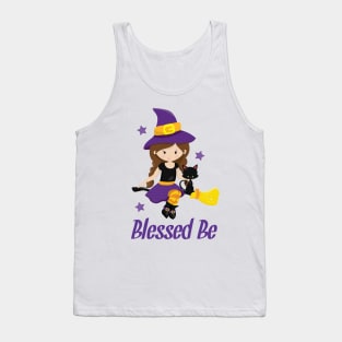 Wicca Witch Design Blessed Be Pagan Gift Shirt Mug Decor Halloween Witch on a Broomstick Design Tank Top